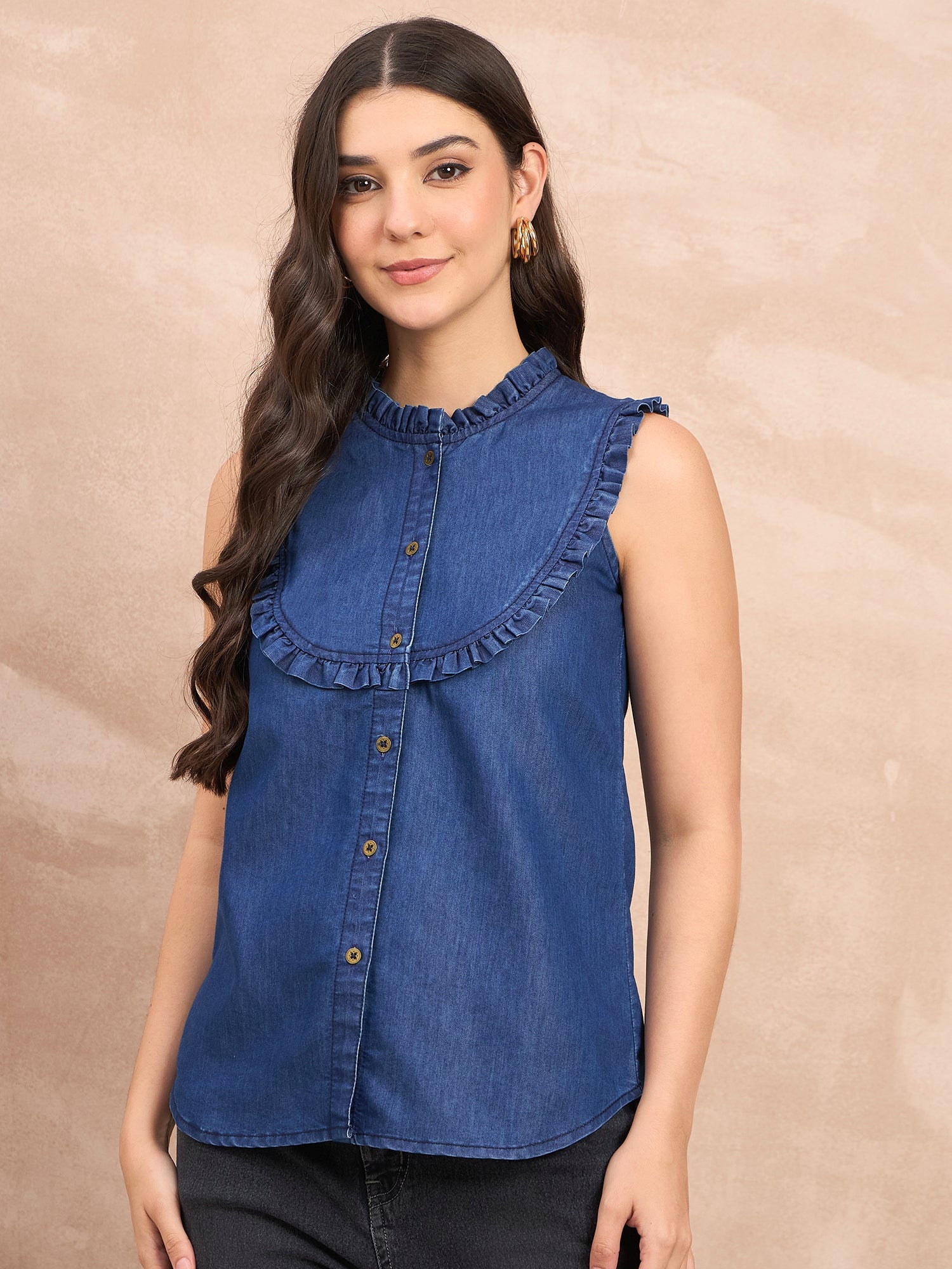 Denim Frill Detail Sleeveless Top