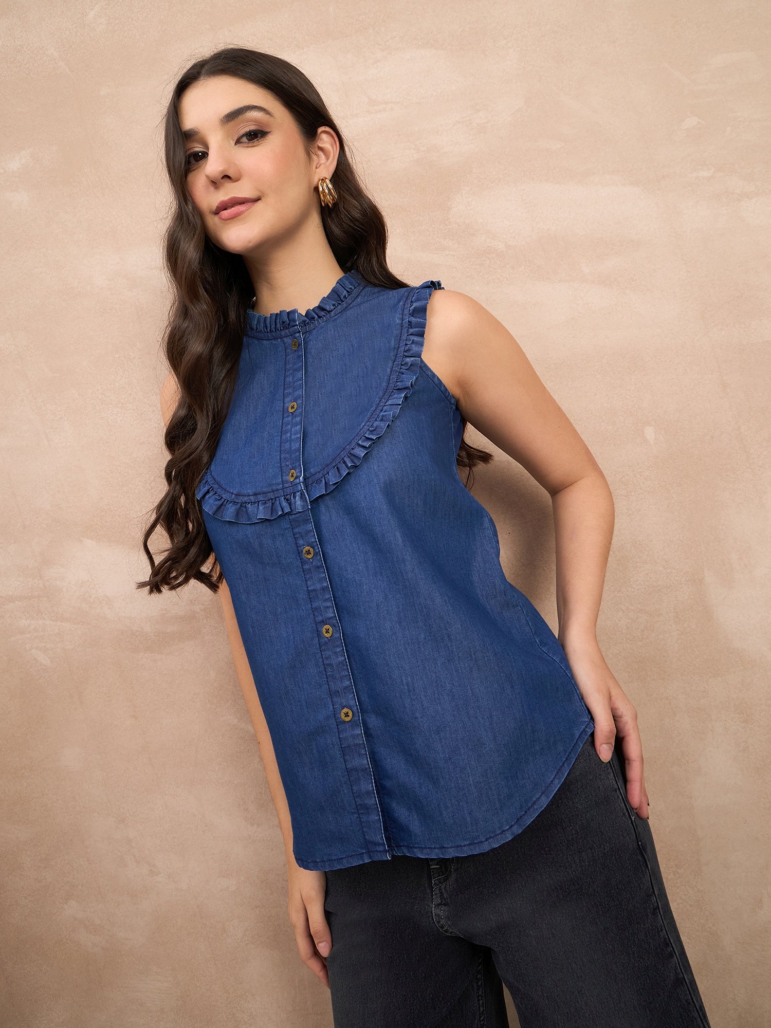 Denim Frill Detail Sleeveless Top