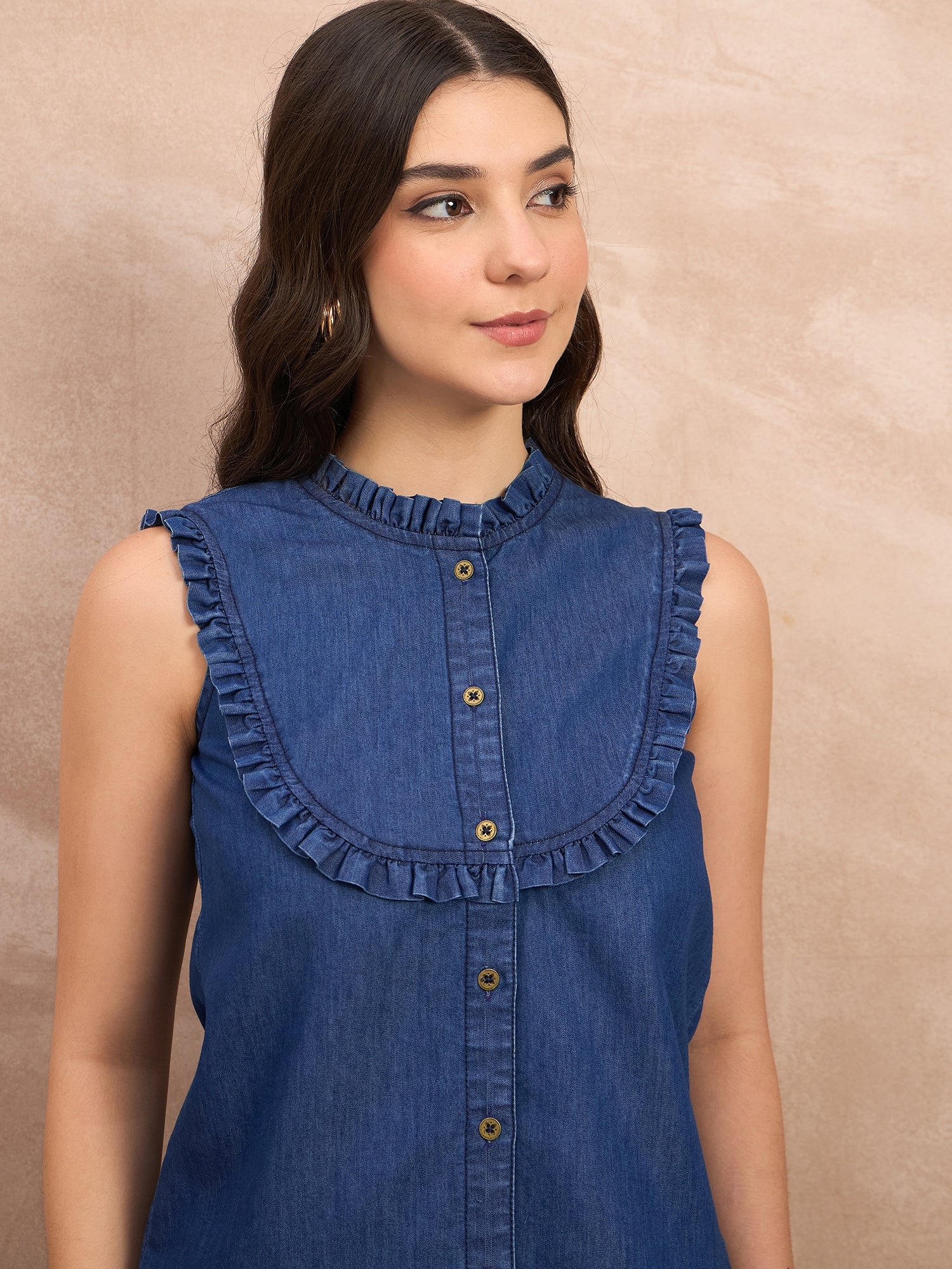 Denim Frill Detail Sleeveless Top