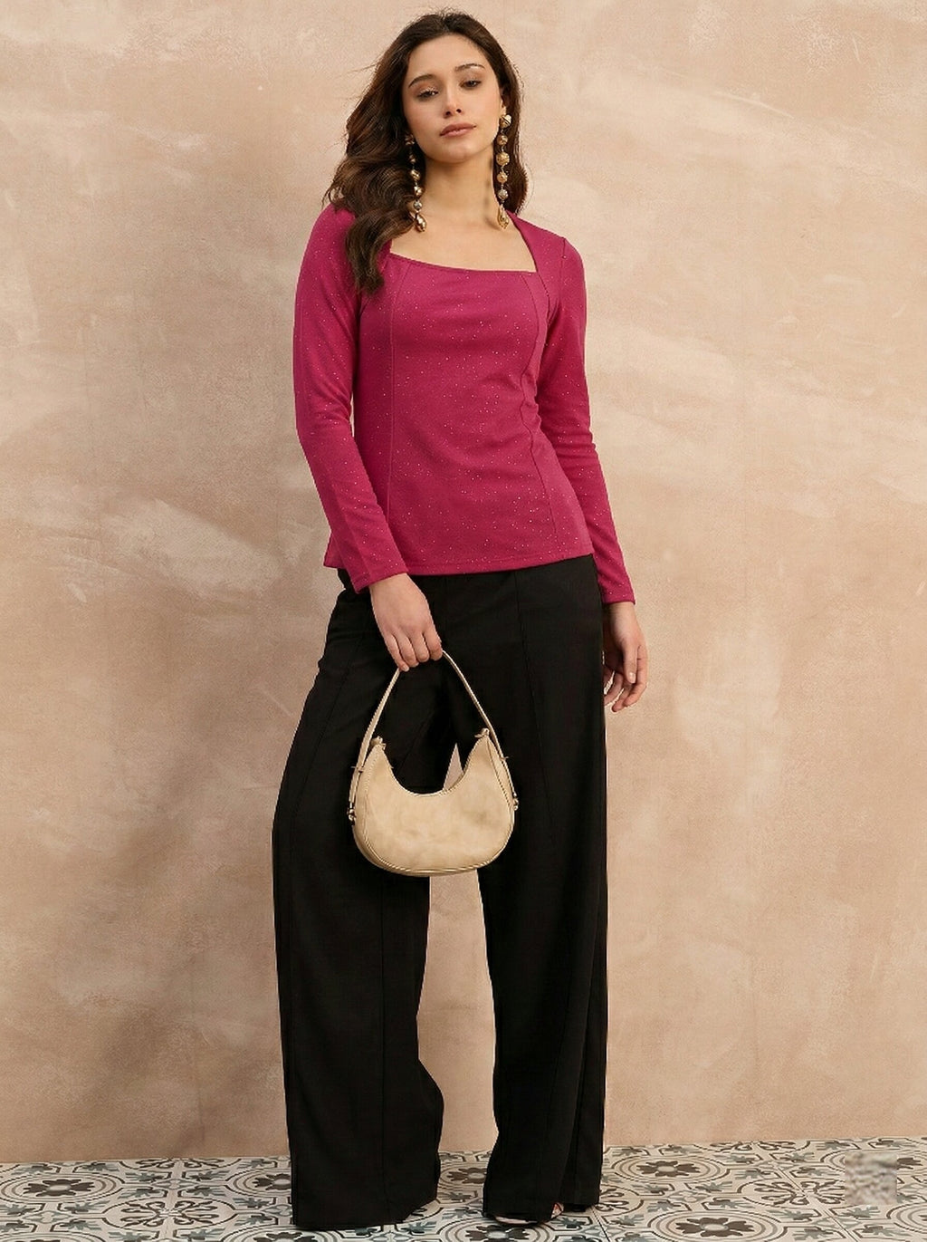 Fuchsia Pink Glitter Square Neck  Peplum Top