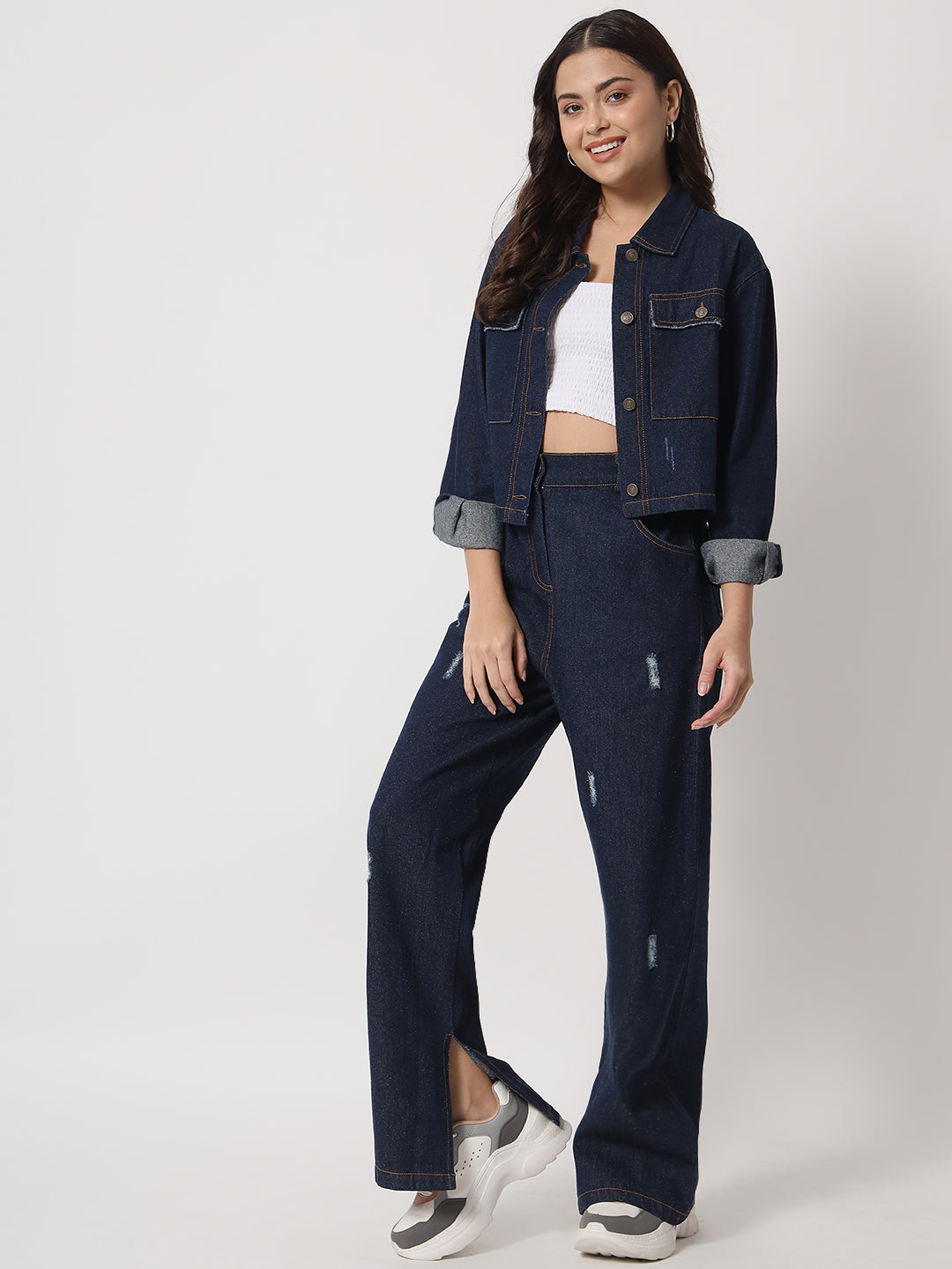 Blue Distressed Denim Jeans with Jacket Combo