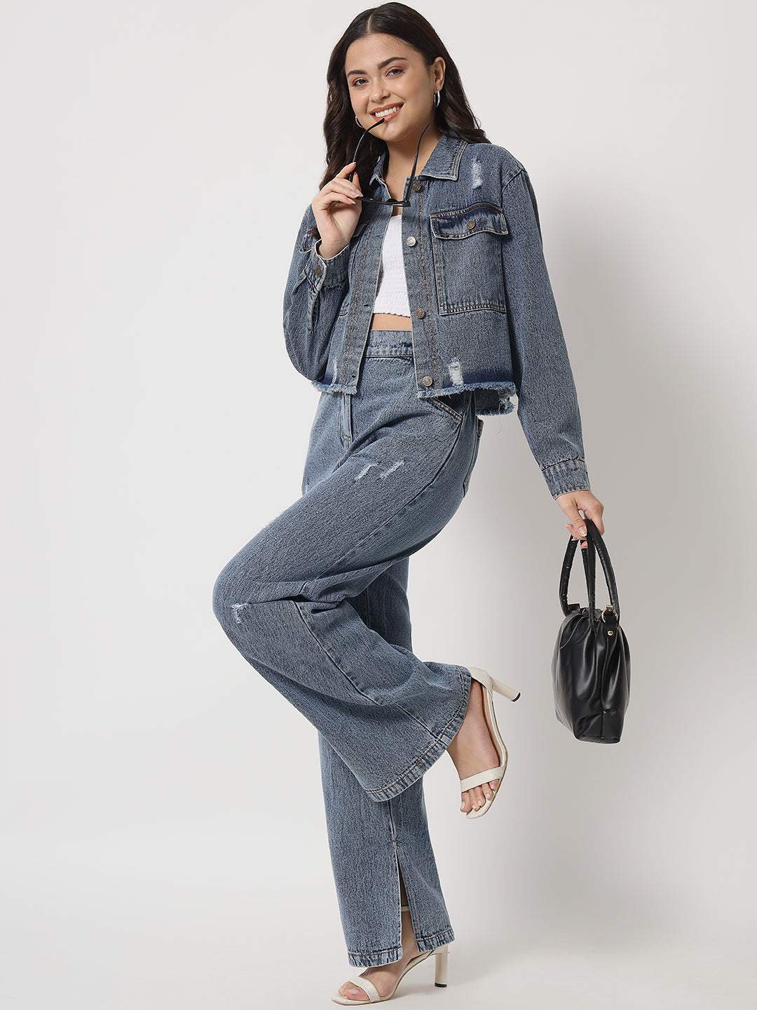 Blue Distressed Denim Jeans with Jacket Combo