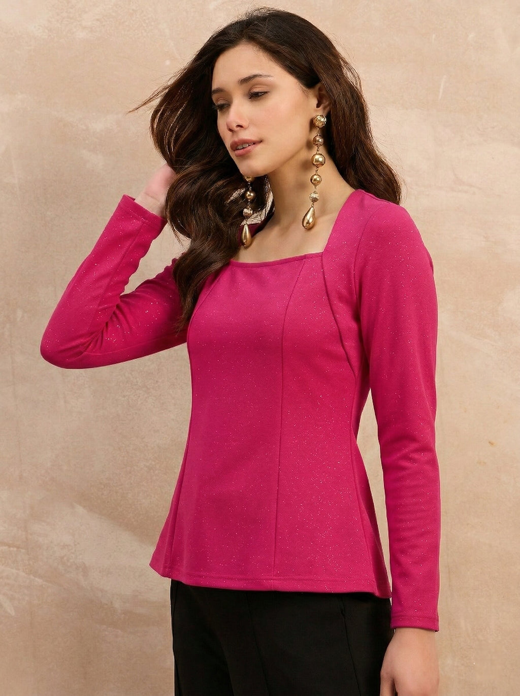 Fuchsia Pink Glitter Square Neck  Peplum Top