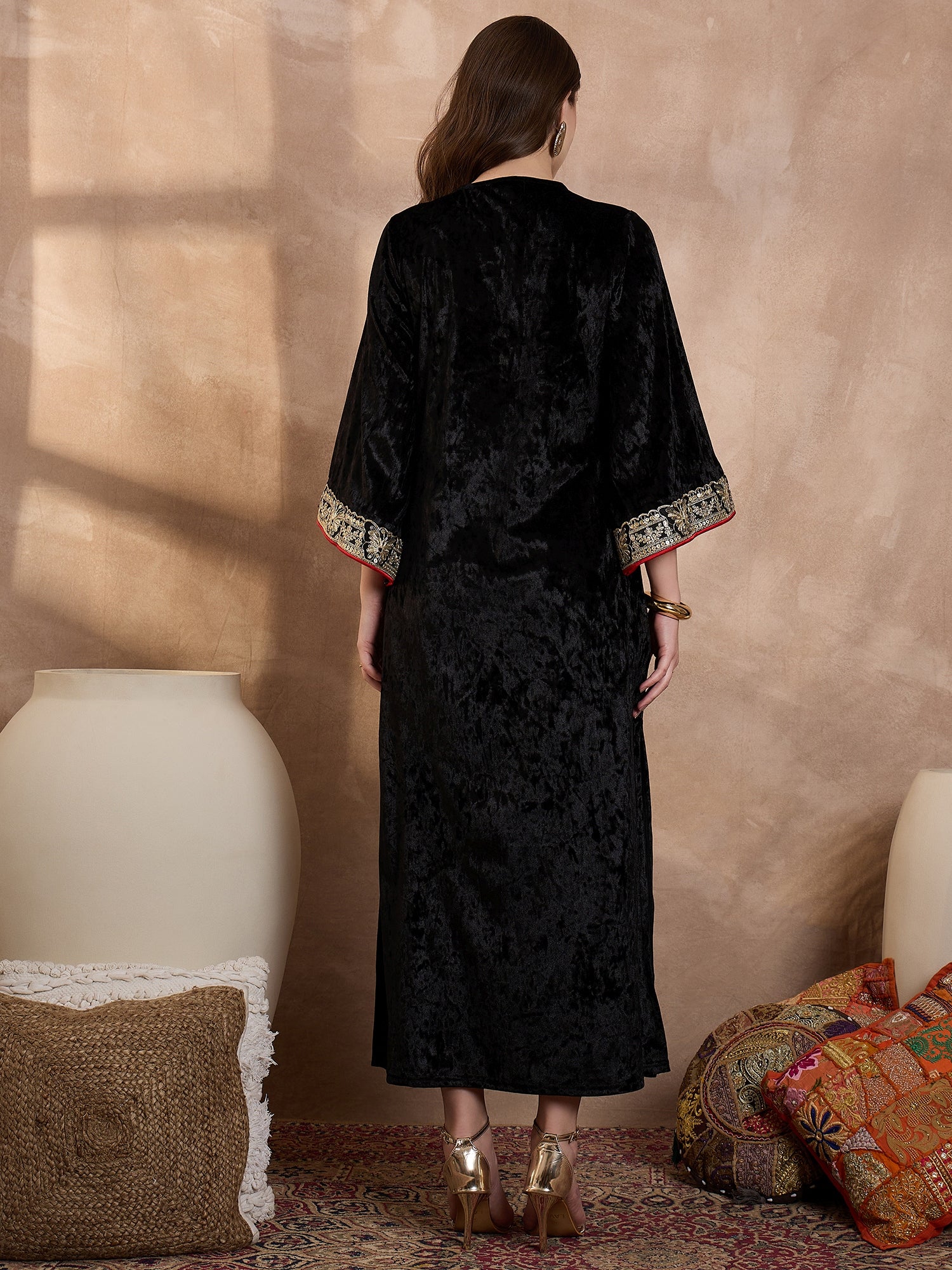 Black V Neck Luxury Abaya Dress