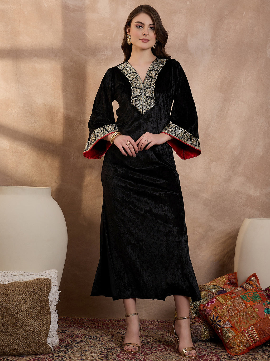 Black V Neck Luxury Abaya Dress