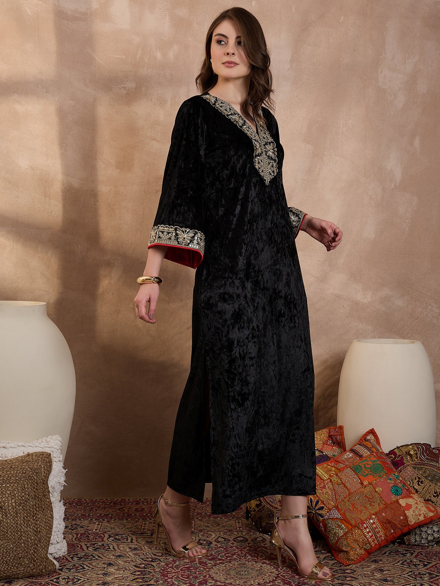 Black V Neck Luxury Abaya Dress