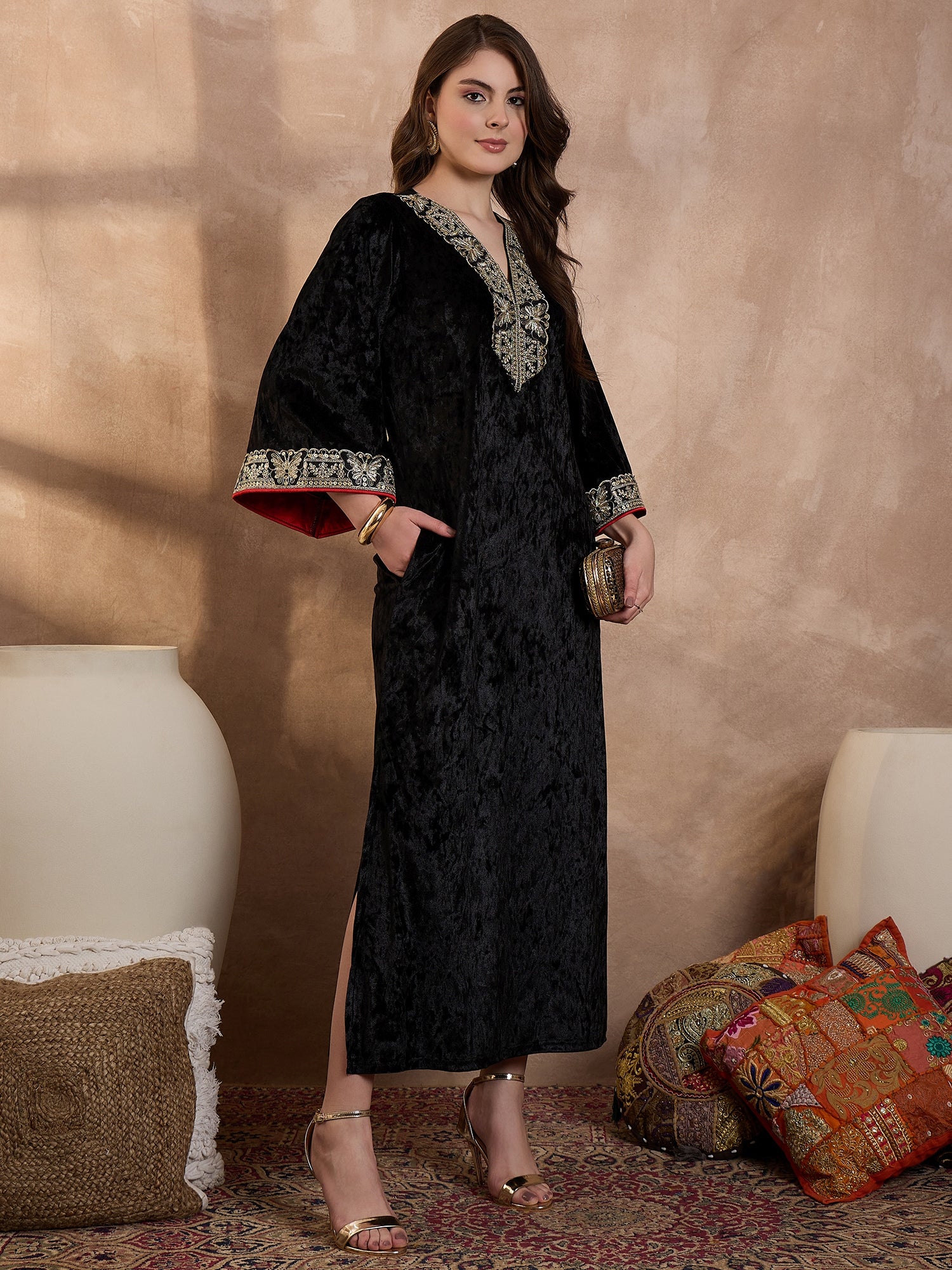 Black V Neck Luxury Abaya Dress