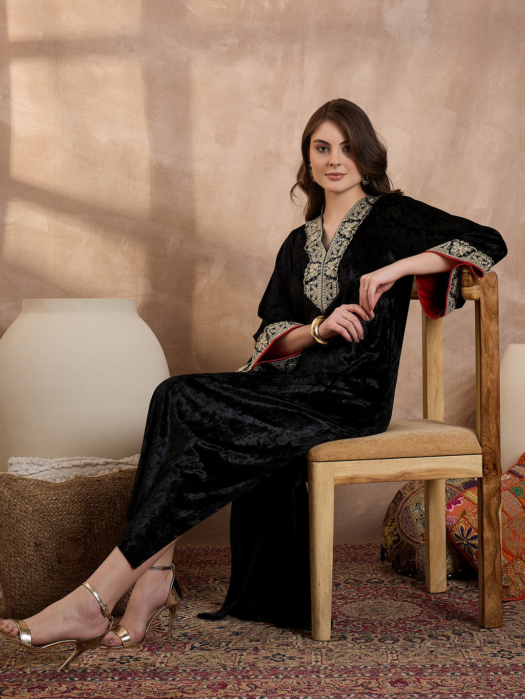 Black V Neck Luxury Abaya Dress
