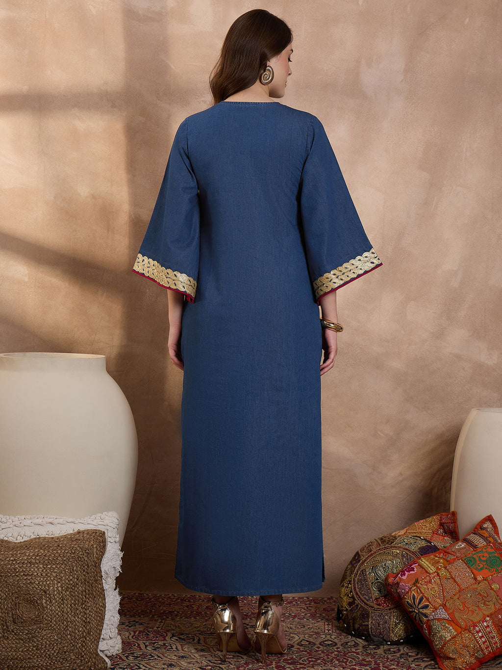 Denim V Nack Laxury Abaya Dress