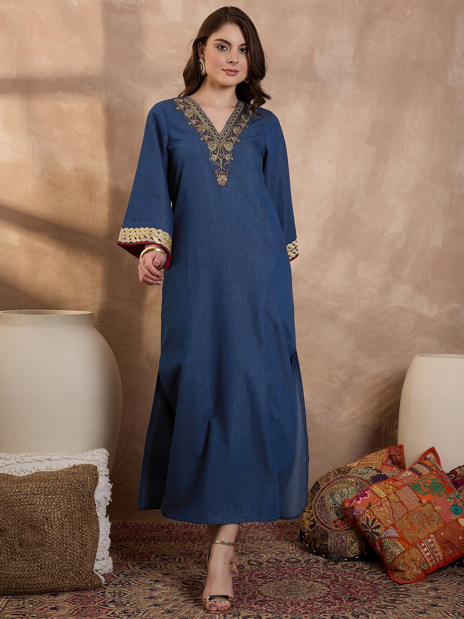 Denim V Nack Laxury Abaya Dress