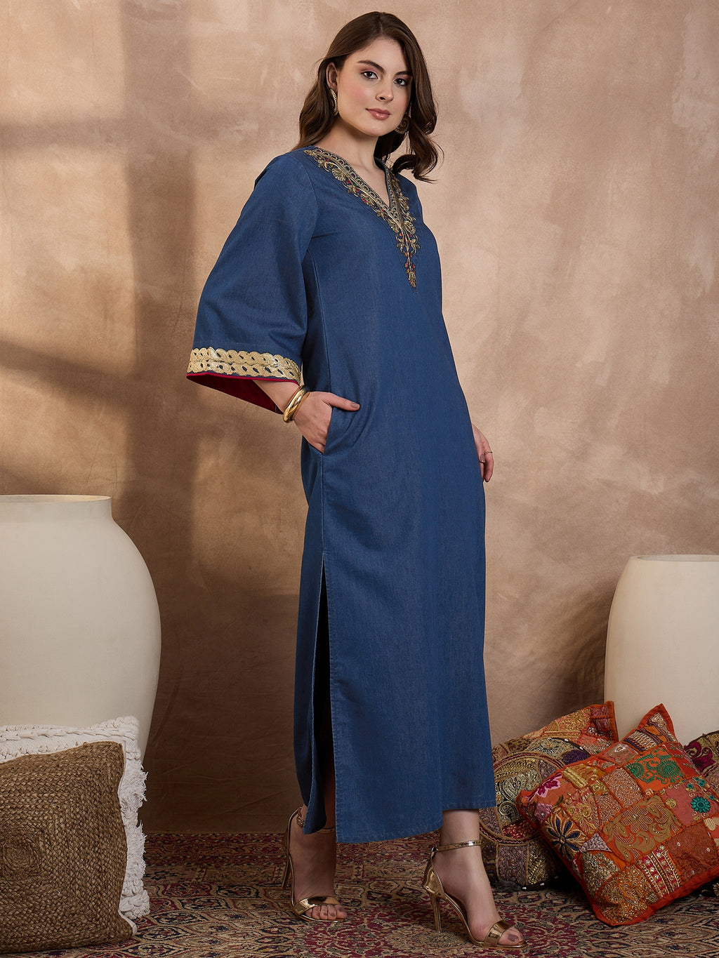 Denim V Nack Laxury Abaya Dress