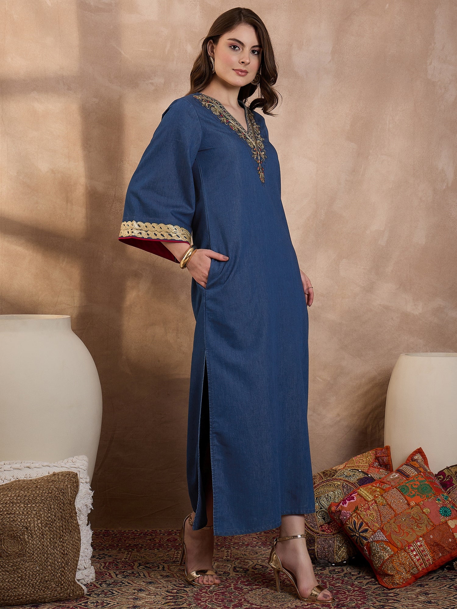 Denim V Nack Laxury Abaya Dress
