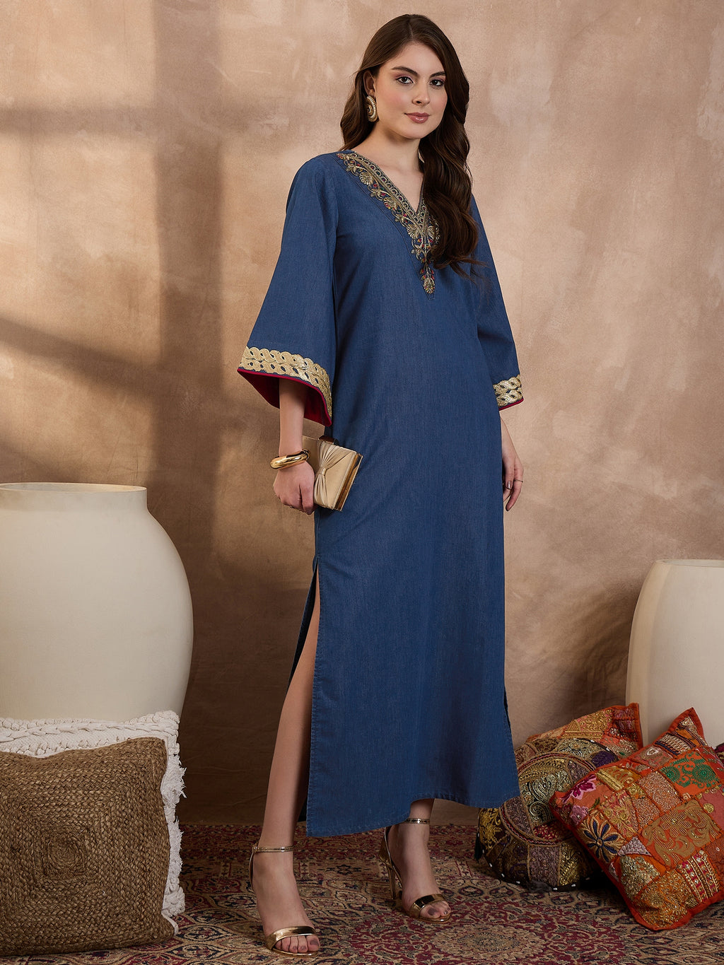 Denim V Nack Laxury Abaya Dress