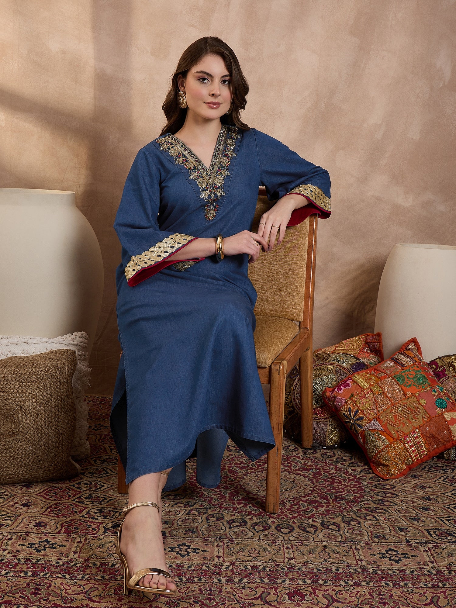 Denim V Nack Laxury Abaya Dress