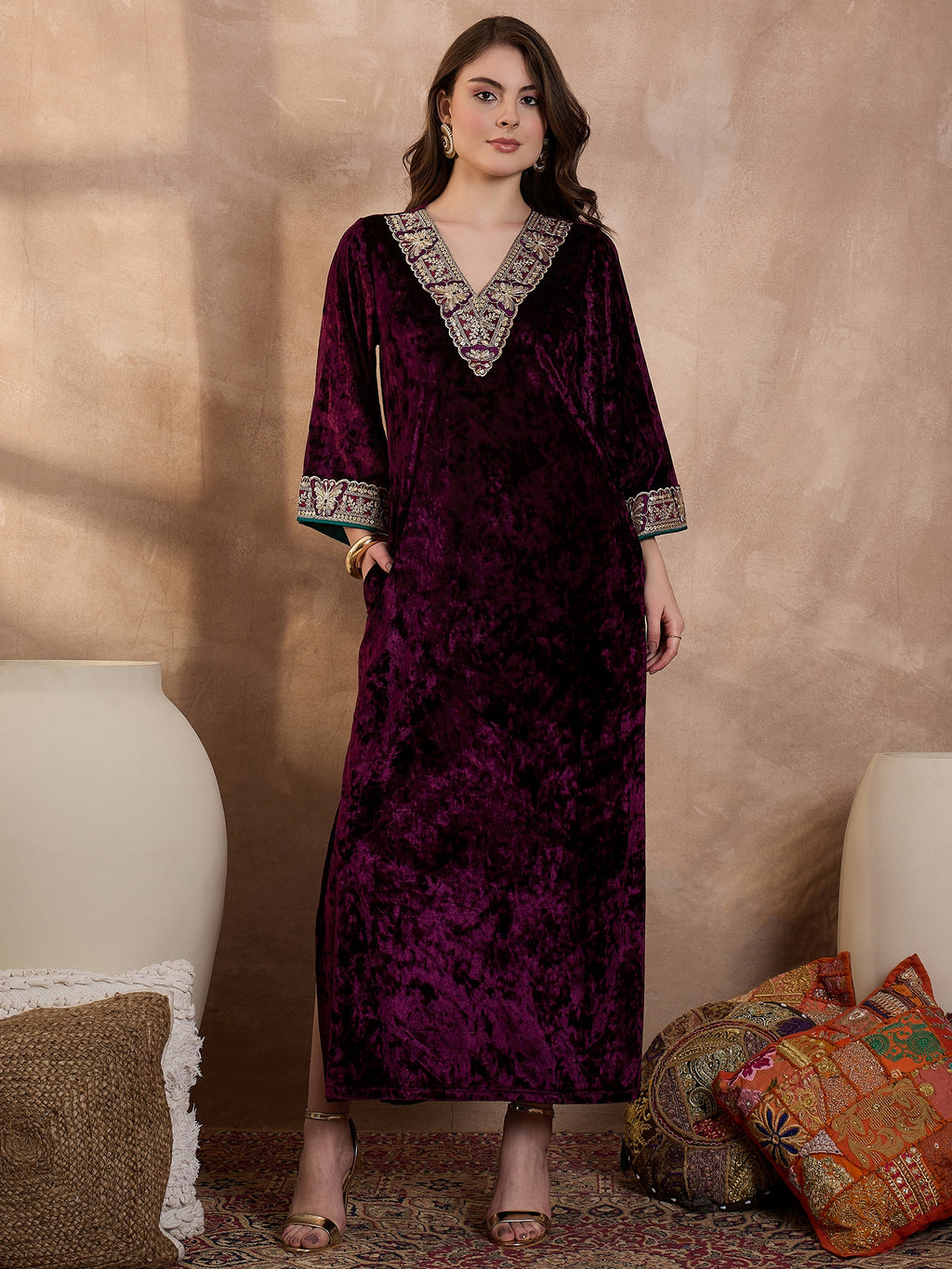 Purple V Neck Luxury Abaya Dress