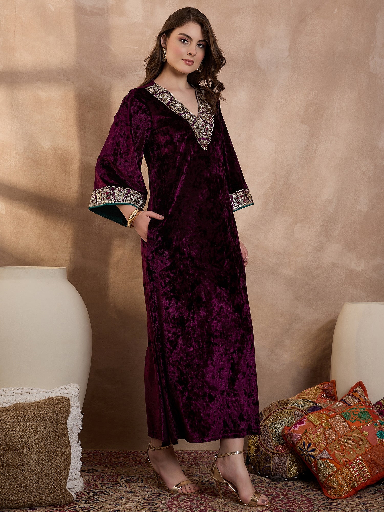 Purple V Neck Luxury Abaya Dress