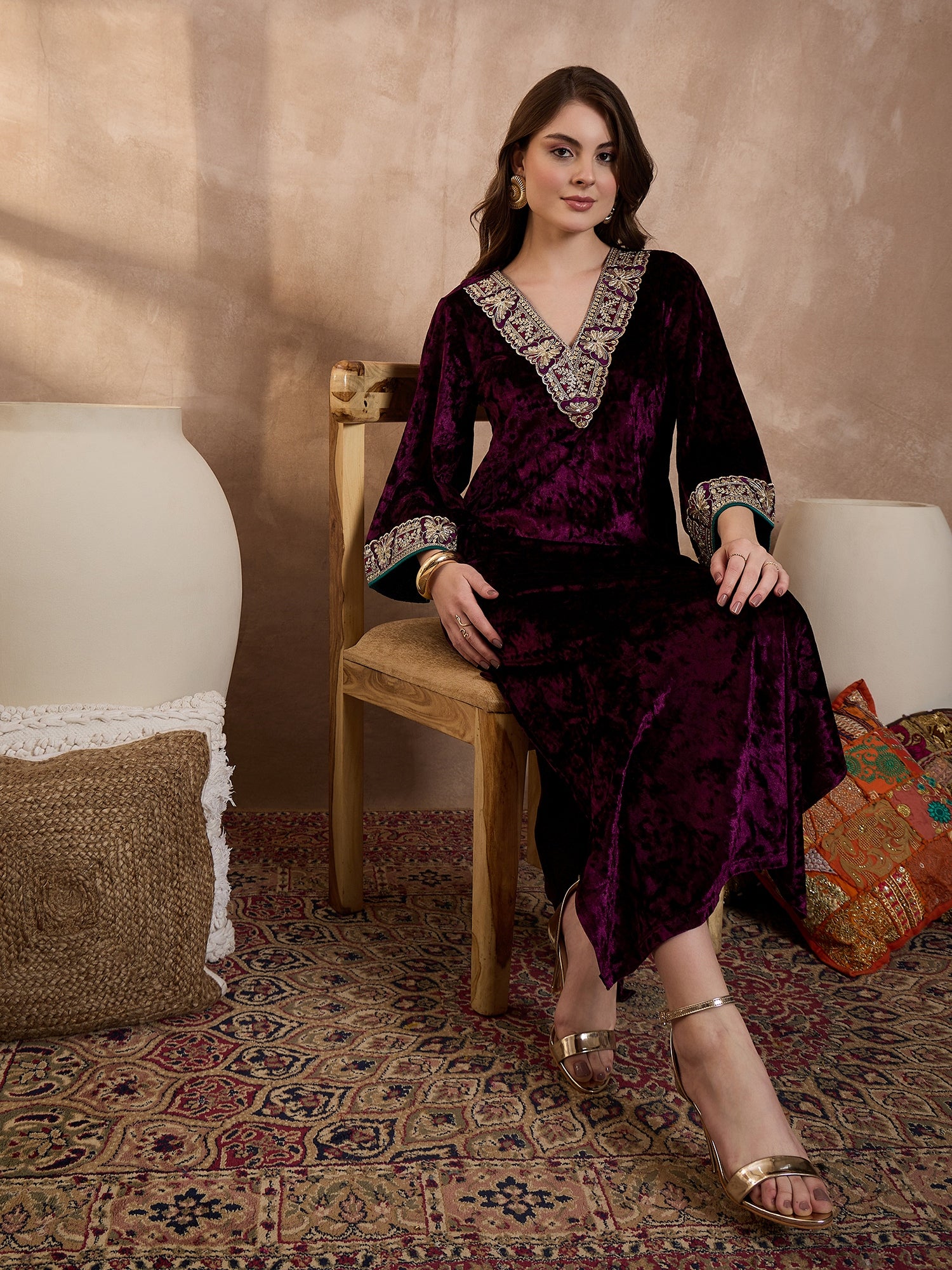 Purple V Neck Luxury Abaya Dress