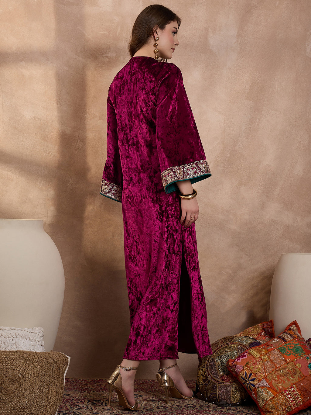 Maroon V Neck Luxury Abaya Dress