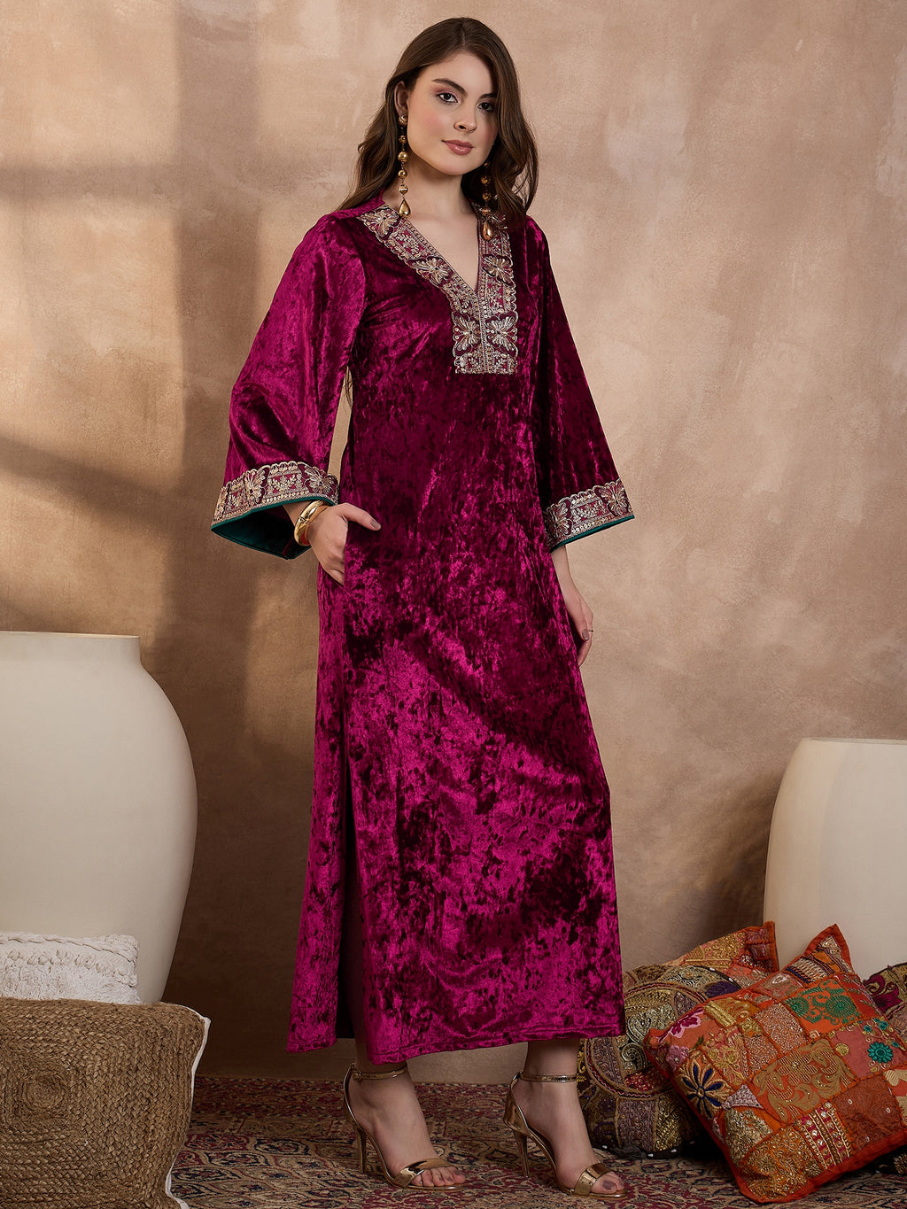 Maroon V Neck Luxury Abaya Dress