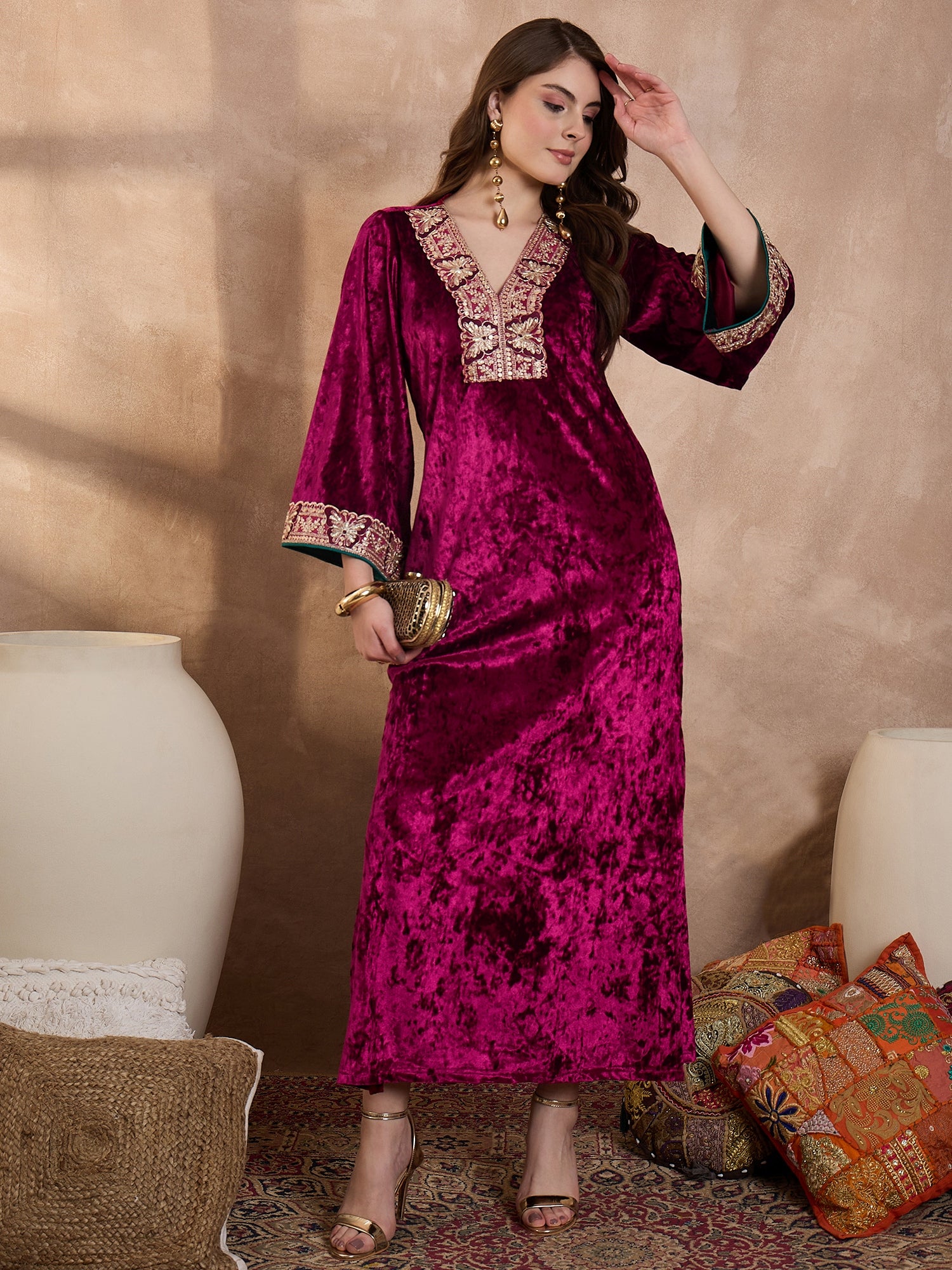 Maroon V Neck Luxury Abaya Dress