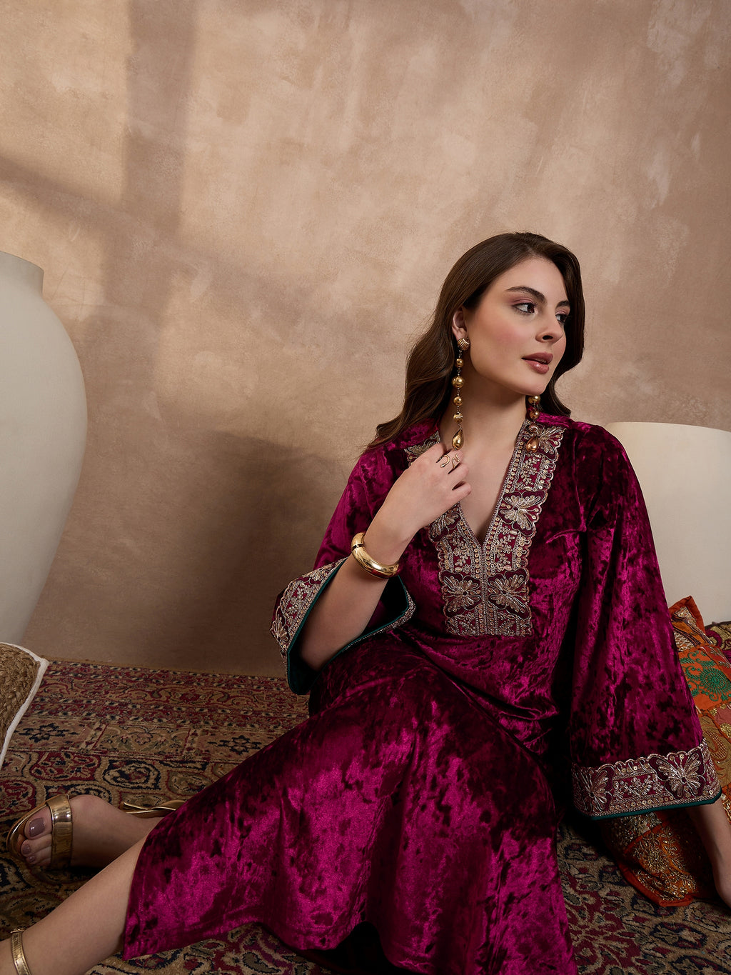 Maroon V Neck Luxury Abaya Dress