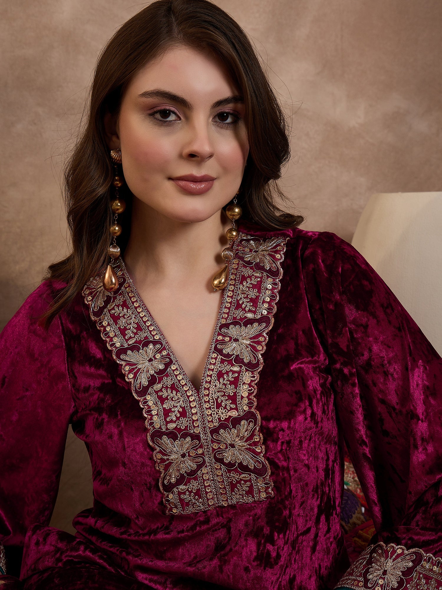 Maroon V Neck Luxury Abaya Dress
