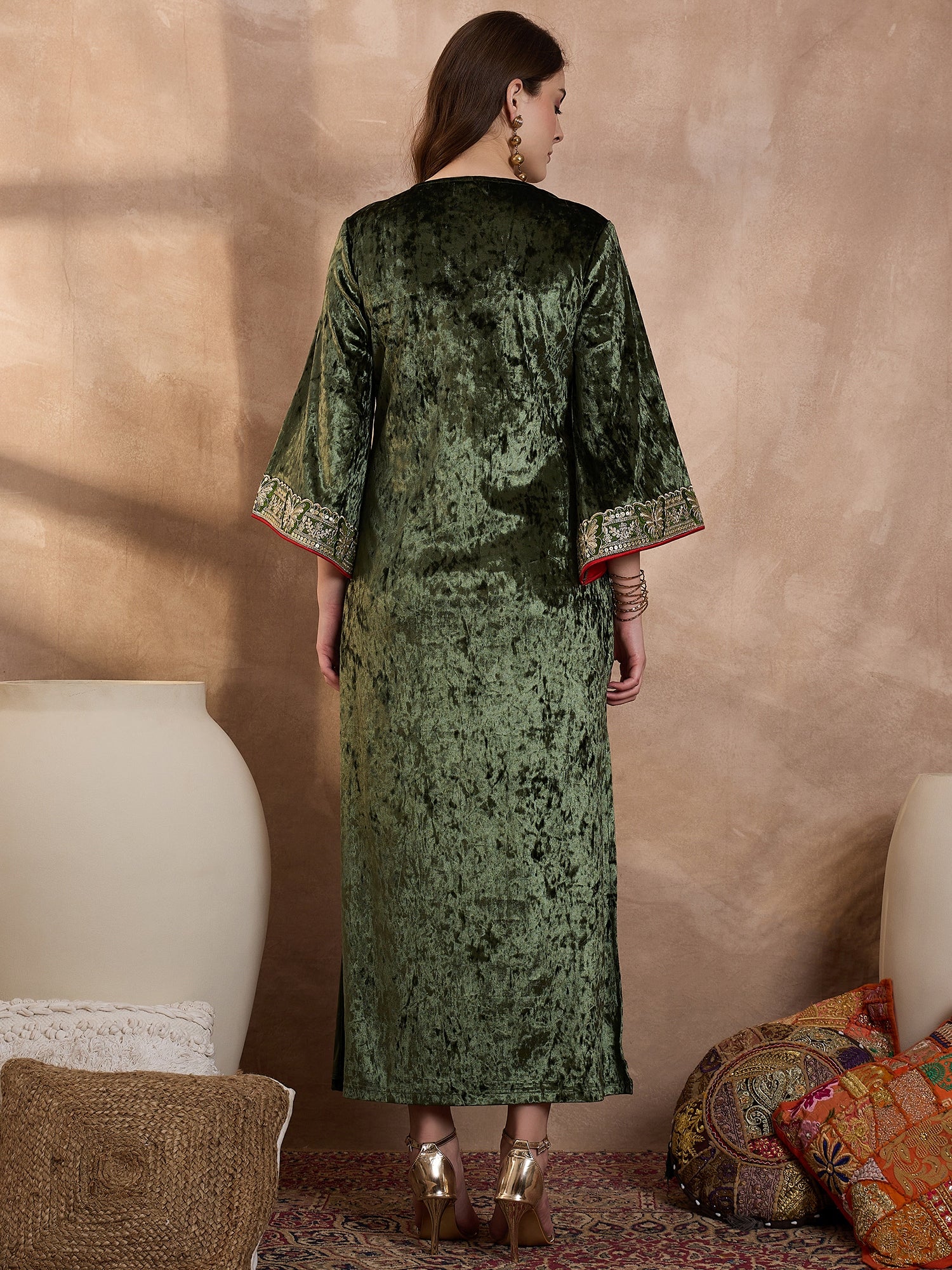 Green V Neck Luxury Abaya Dress