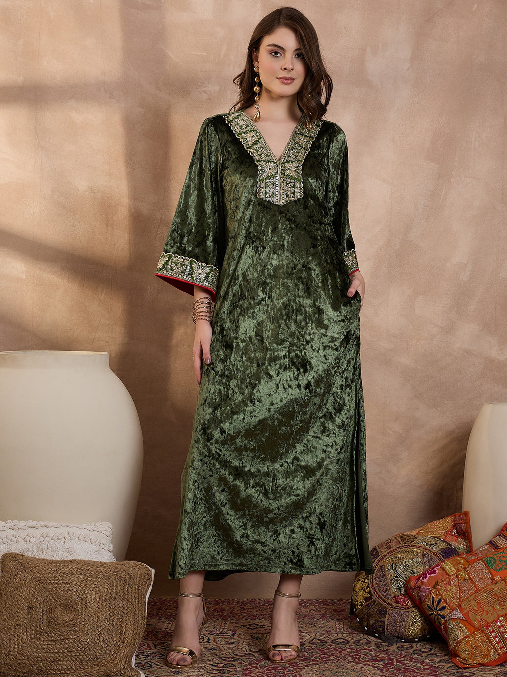 Green V Neck Luxury Abaya Dress