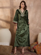 Green V Neck Luxury Abaya Dress