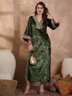 Green V Neck Luxury Abaya Dress