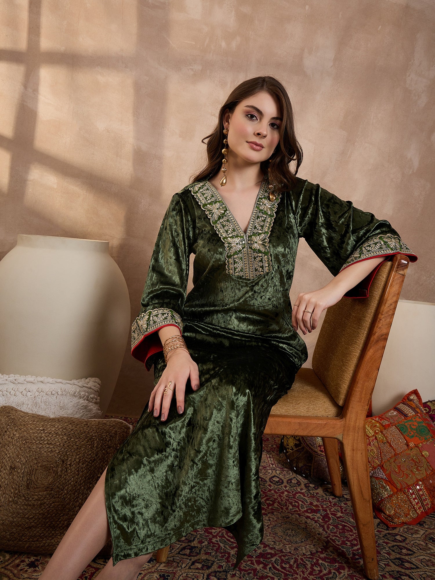 Green V Neck Luxury Abaya Dress