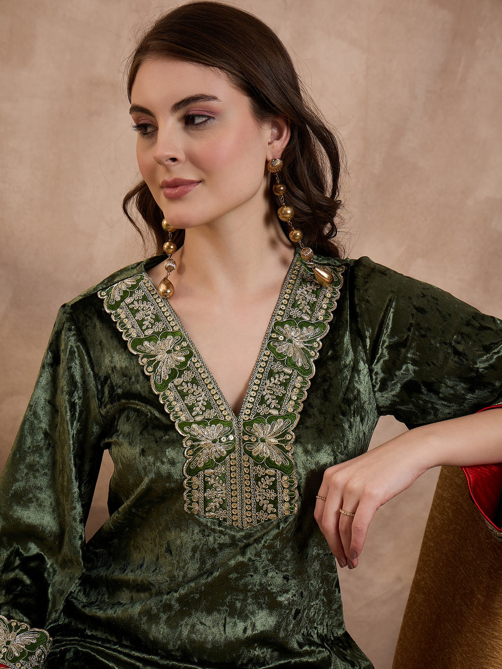 Green V Neck Luxury Abaya Dress