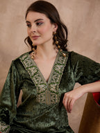Green V Neck Luxury Abaya Dress