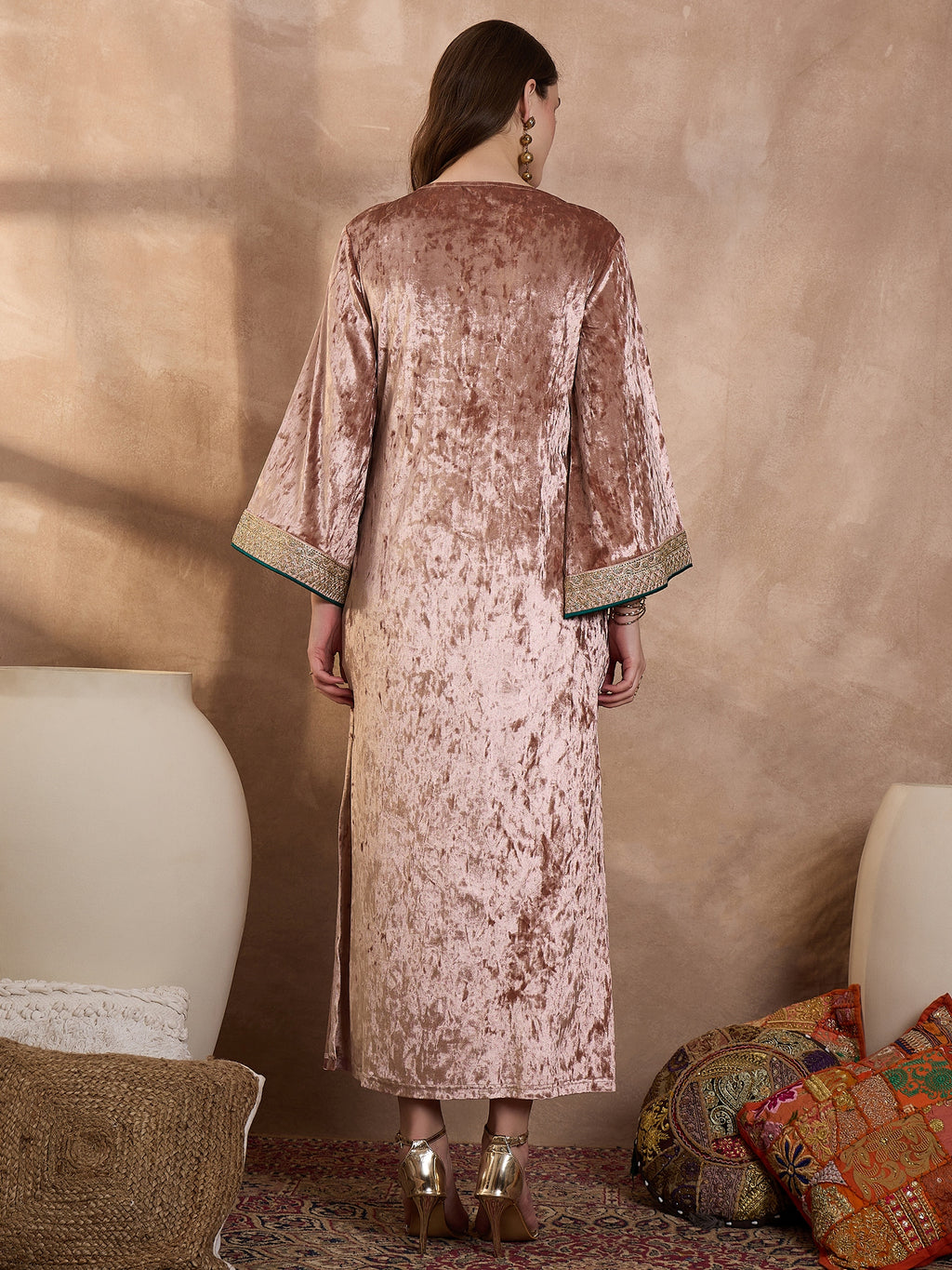 Pink  V Neck Luxury Abaya Dress