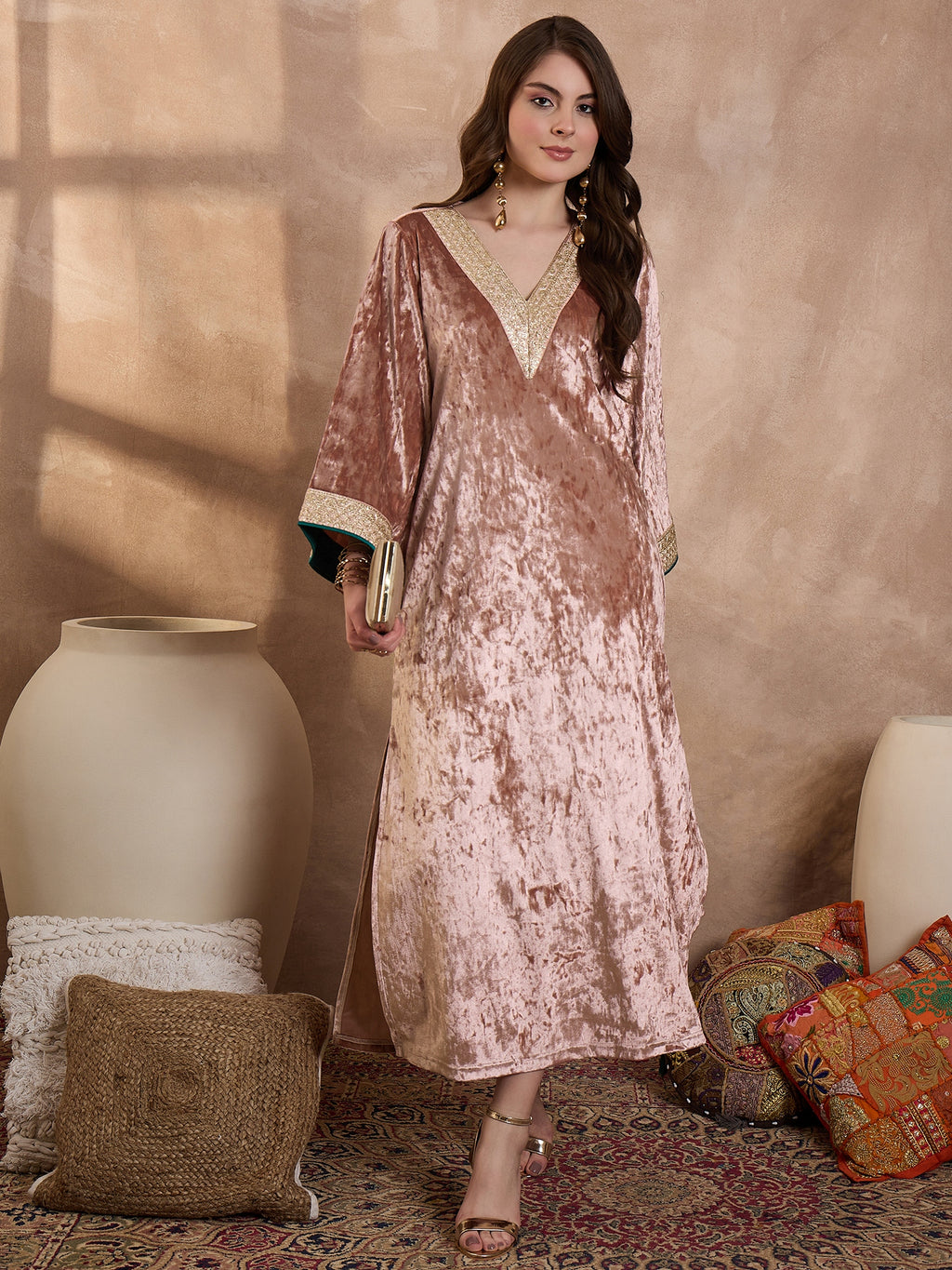 Pink  V Neck Luxury Abaya Dress