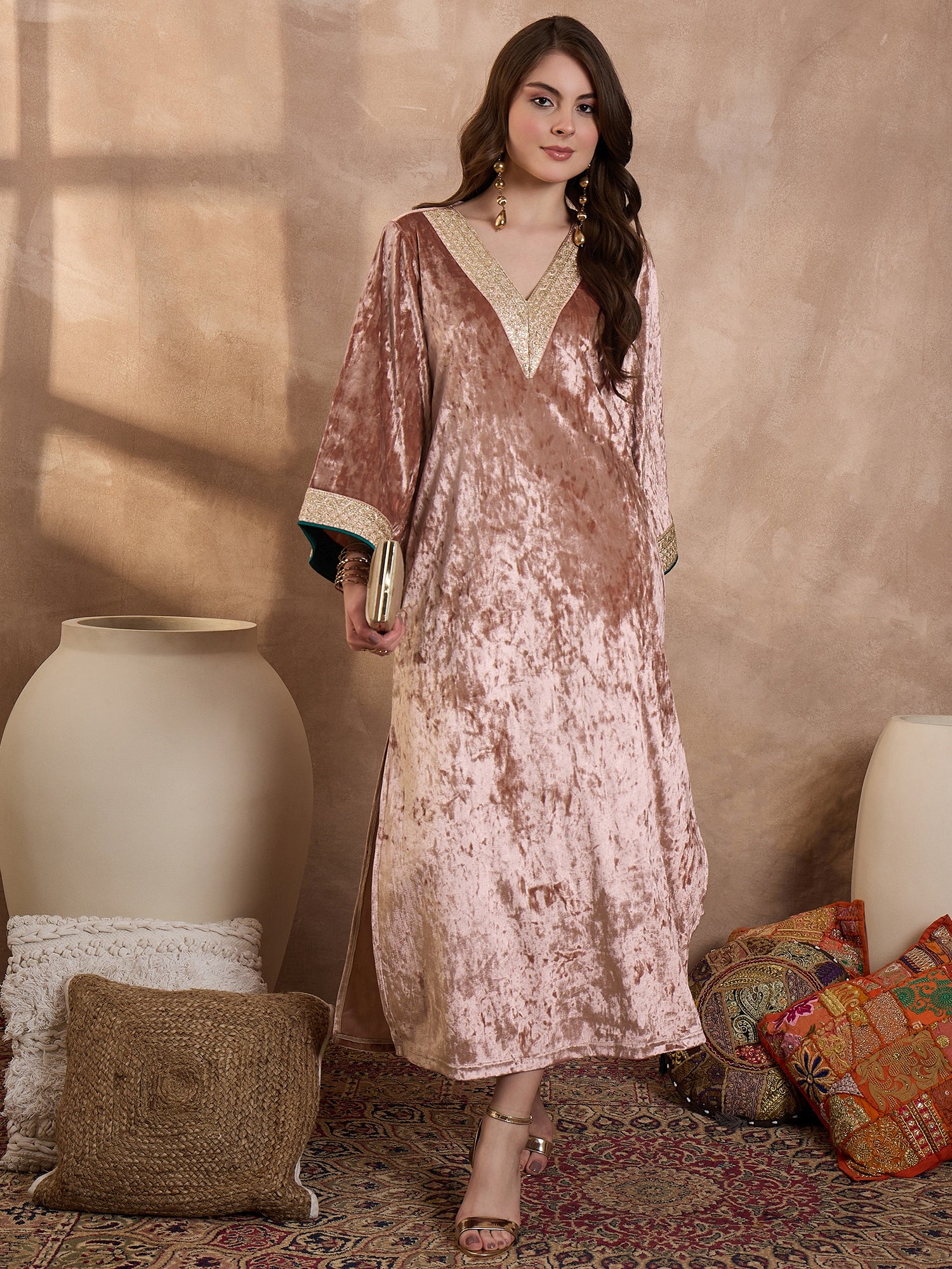 Pink  V Neck Luxury Abaya Dress