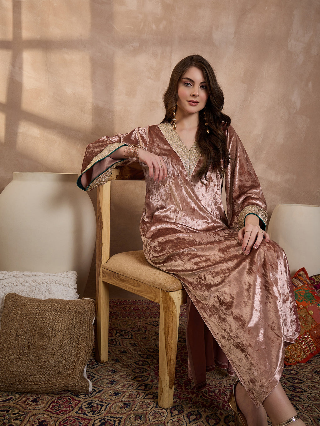 Pink  V Neck Luxury Abaya Dress