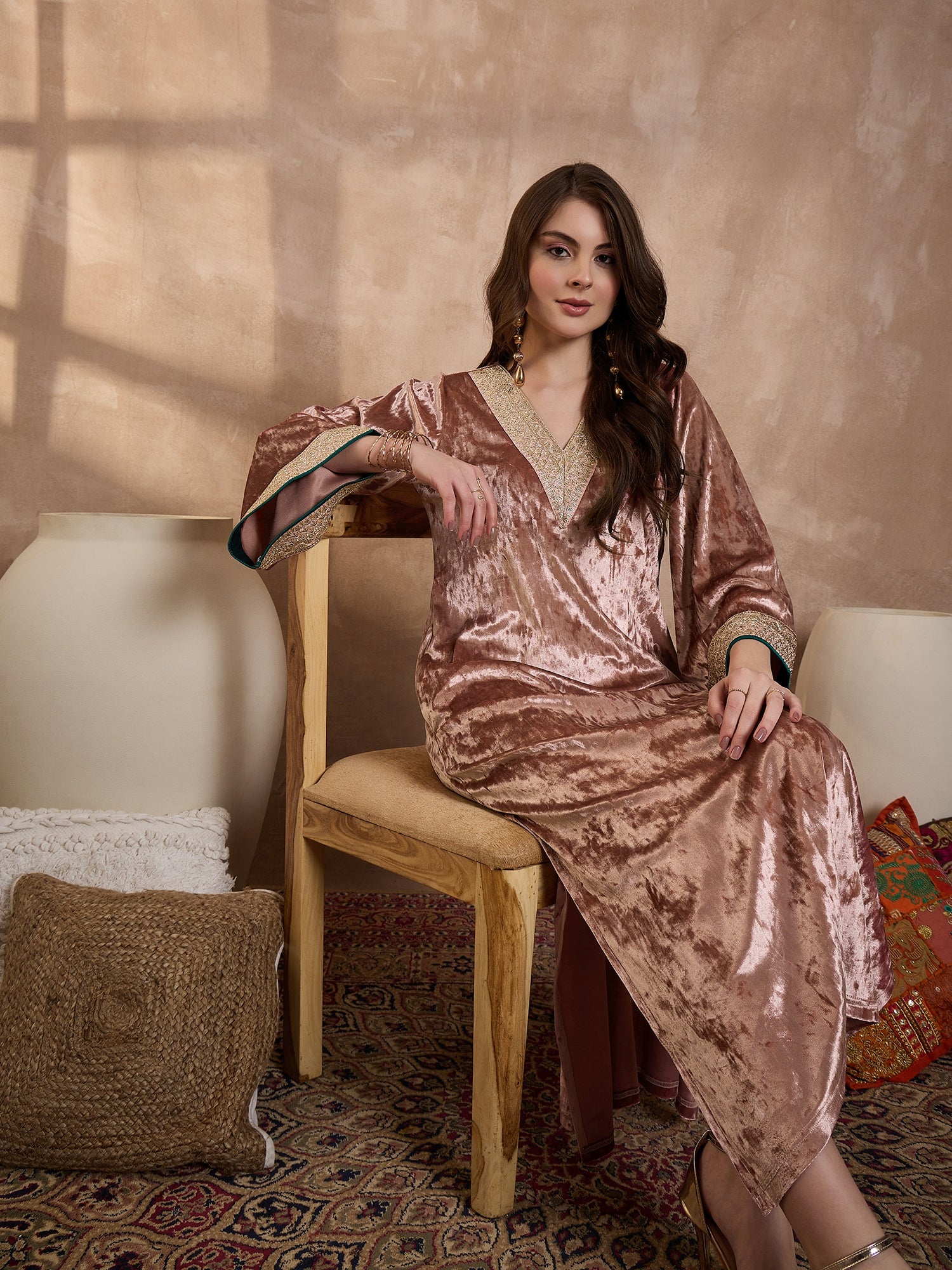 Pink  V Neck Luxury Abaya Dress