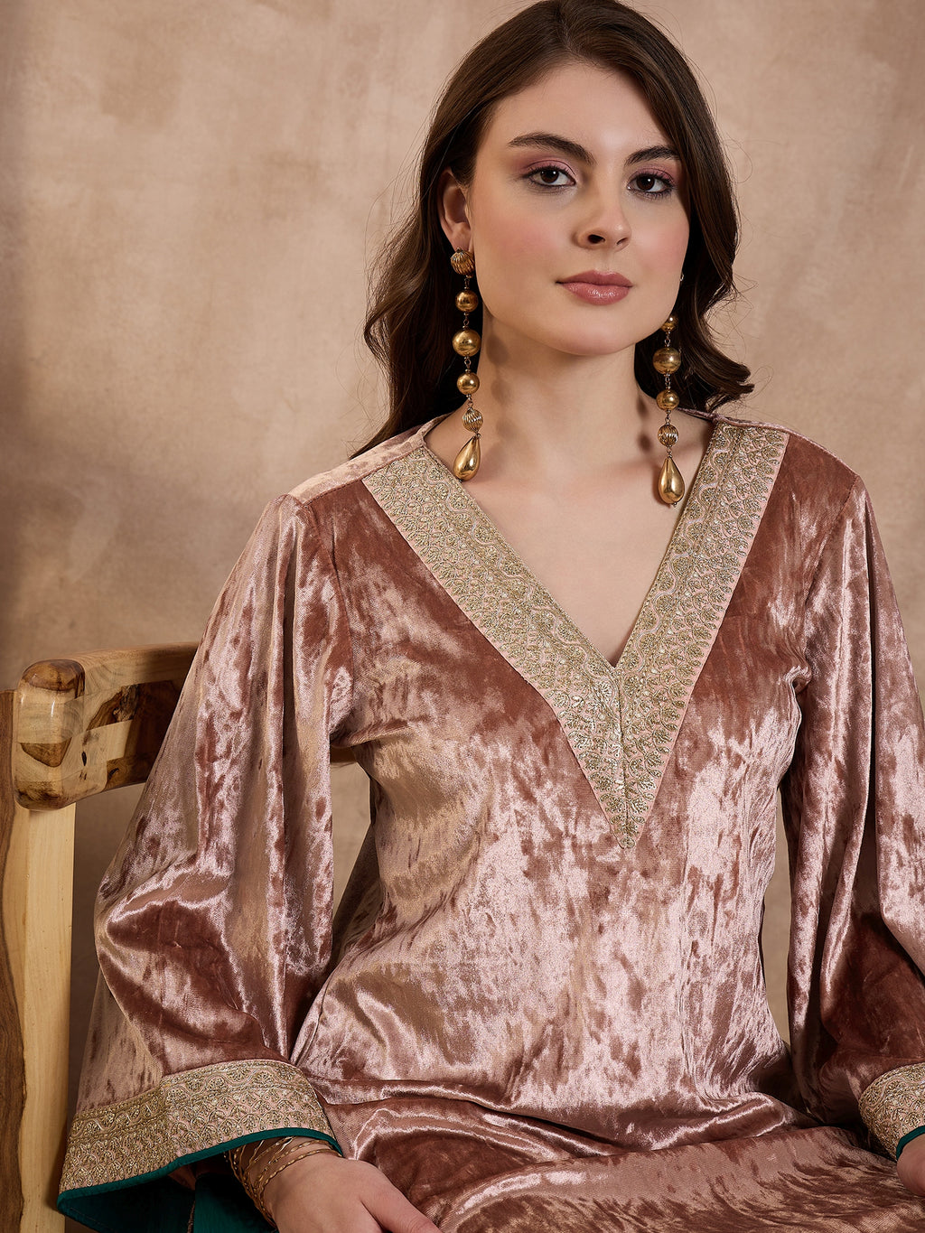 Pink  V Neck Luxury Abaya Dress