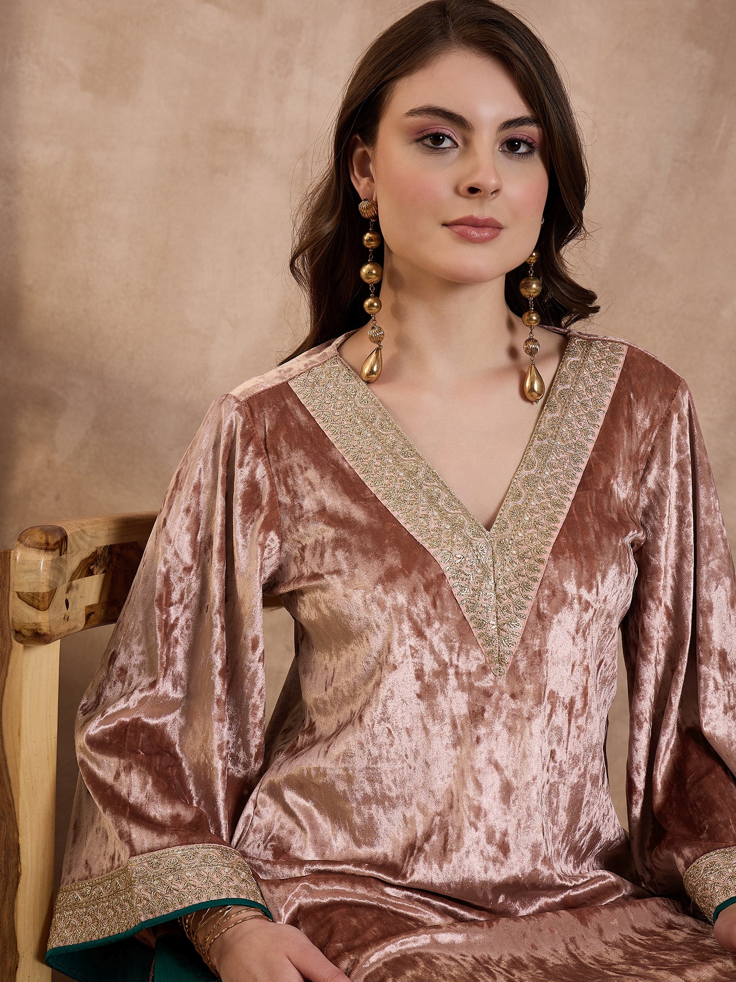 Pink  V Neck Luxury Abaya Dress