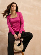 Fuchsia Pink Glitter Square Neck  Peplum Top