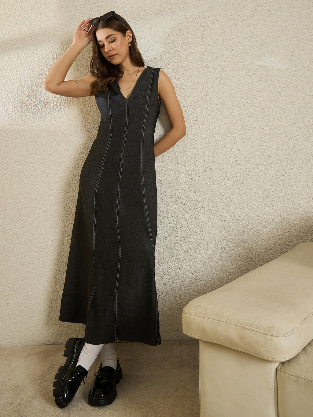 Denim V Neck Flared Dress