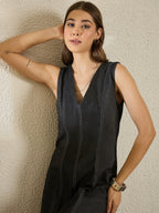 Denim V Neck Flared Dress