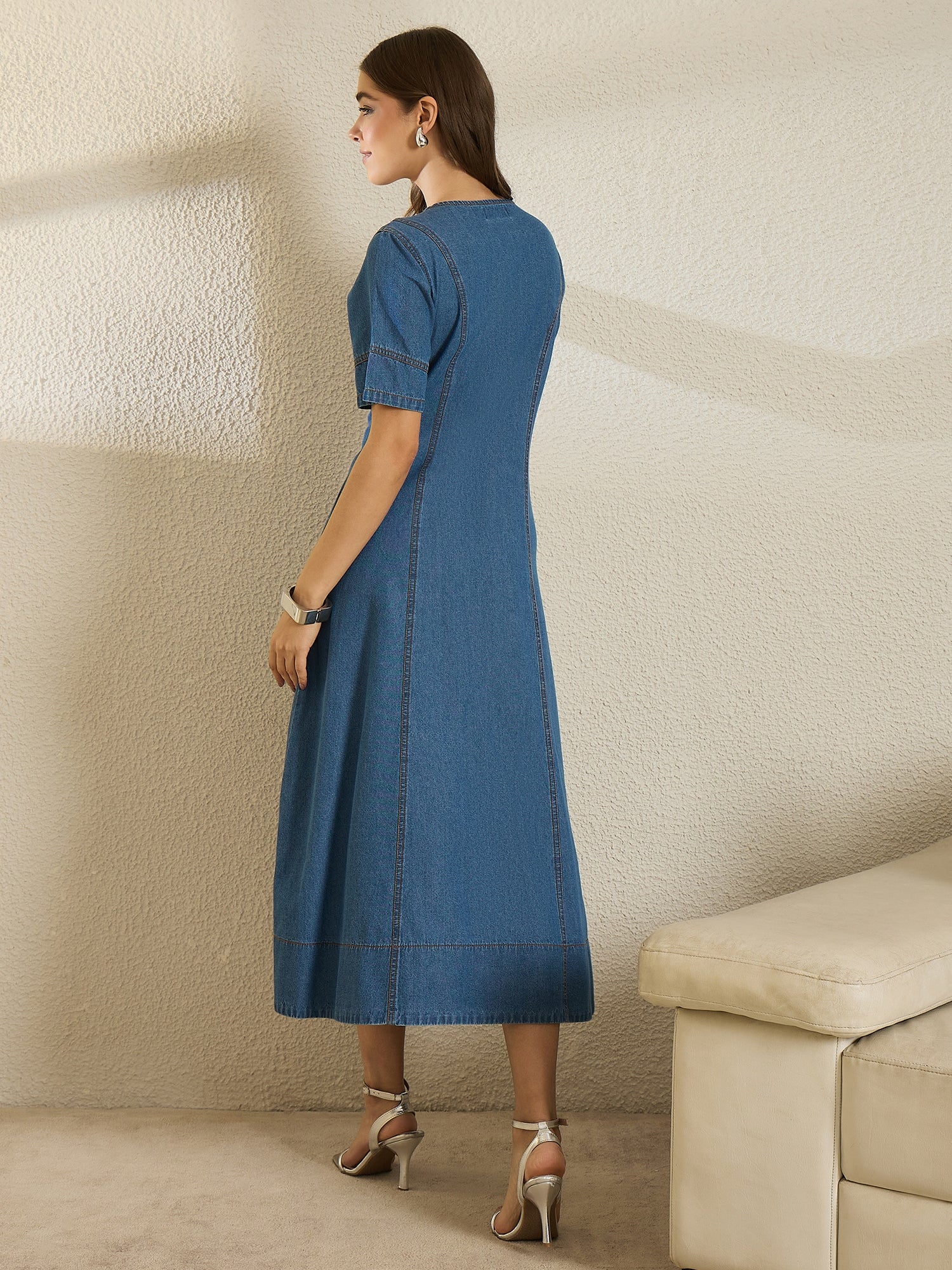 Denim Short Sleeve V Neck Dress