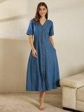 Denim Short Sleeve V Neck Dress