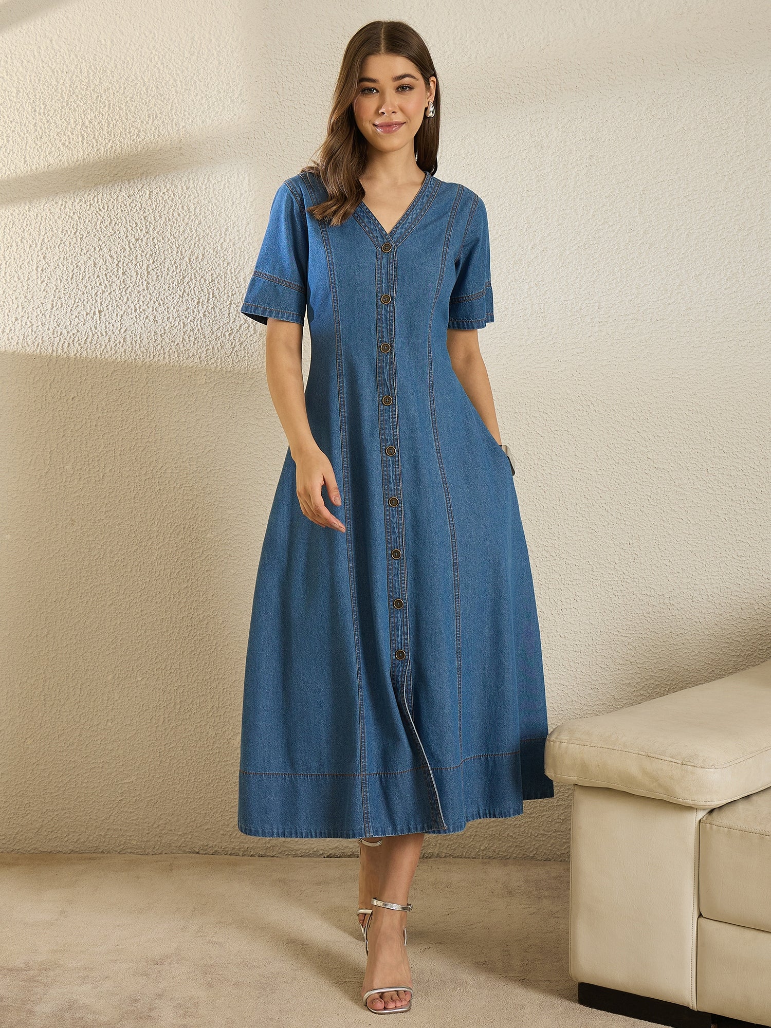 Denim Short Sleeve V Neck Dress