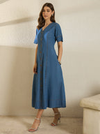 Denim Short Sleeve V Neck Dress