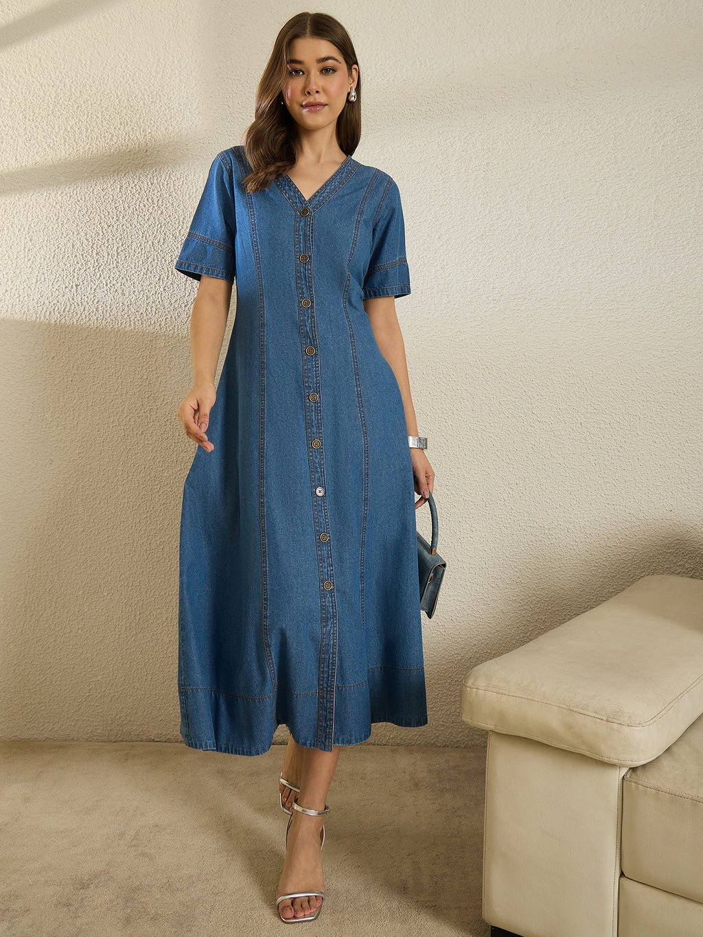 Denim Short Sleeve V Neck Dress
