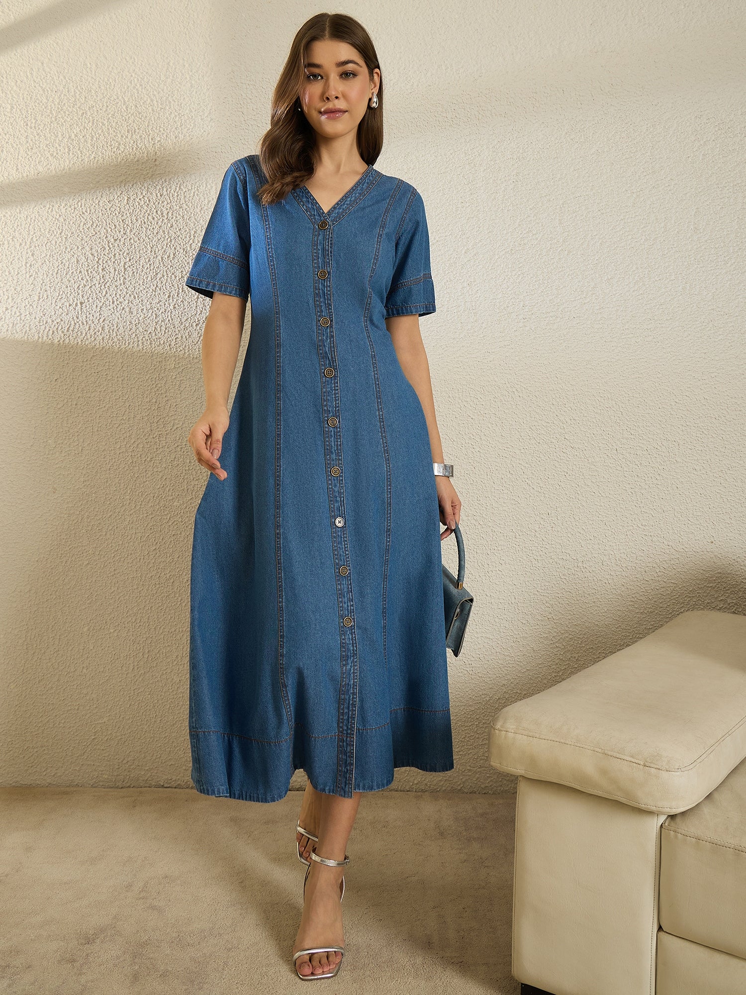 Denim Short Sleeve V Neck Dress