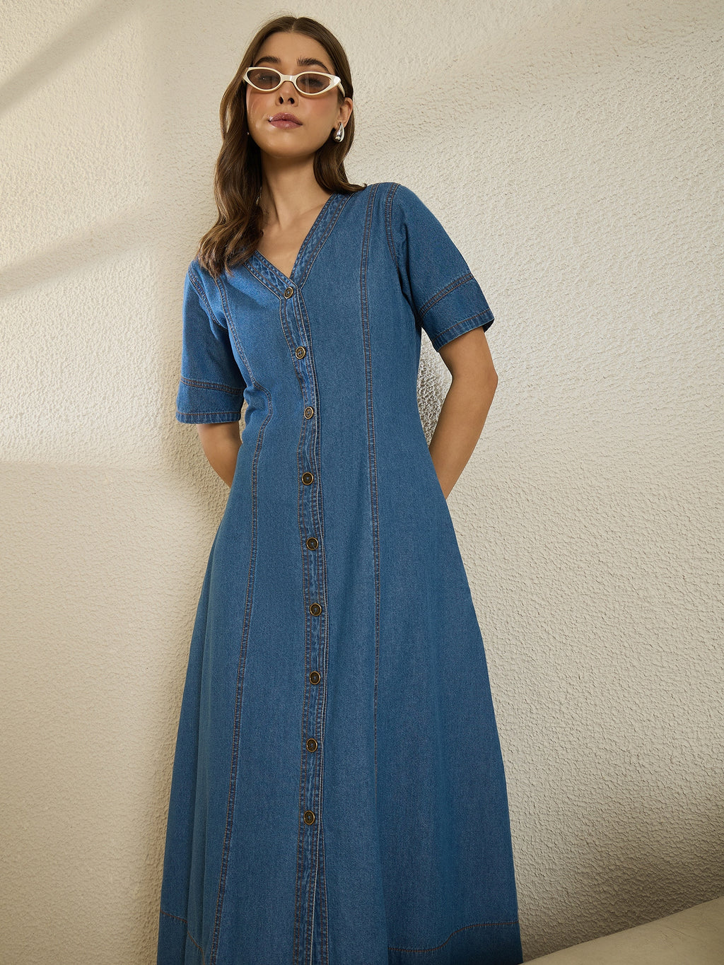 Denim Short Sleeve V Neck Dress